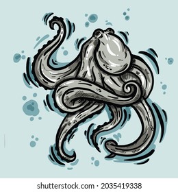 octopus hand drawn vector illustration, cartoon octopus on navy blue background