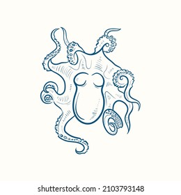 Octopus Hand-drawn realistic. Oceans nature in vintage style. 