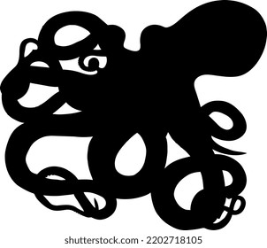 The octopus has eight tentacles equipped with numerous suction cups. Silhouette black.