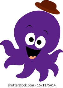 Octopus with hat, illustration, vector on white background.