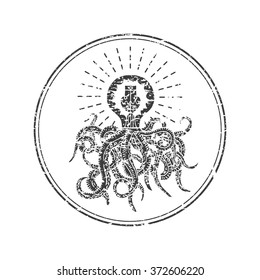 Octopus with head in the form of a light bulb. Vector. Isolated. Rubber stamp.