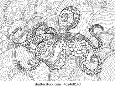 Octopus with high details. Adult antistress coloring page. Black white hand drawn doodle oceanic animal for art therapy. Sketch for tattoo, poster, print, t-shirt in zendoodle style. Vector.
