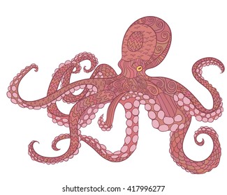 Octopus with high details. Colored hand drawn doodle oceanic animal. Sketch for tattoo, poster, print, t-shirt in zen tangle style. Vector.