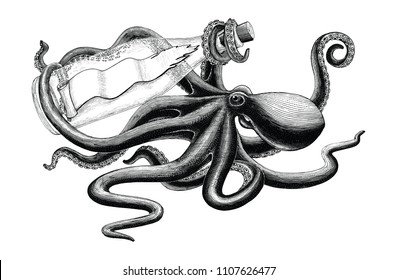 Octopus holding bottle vintage clip art