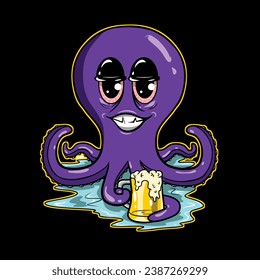 Octopus with a holding glass of beer to drink Cartoon character , animal illustration