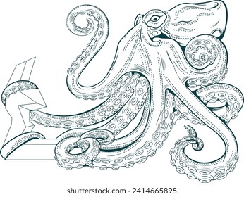 octopus holding iron, sea monster, line vector octopus