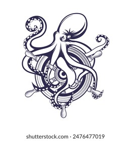 
Octopus holding on ship wheel vector design.
