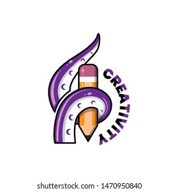 octopus holding pencil logo template with cartoon style for creativity, template, emblem, badge