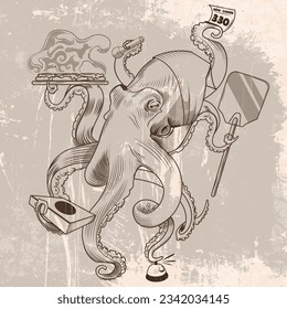 Octopus holding a Pizza. Kraken line art. Making the best street pizza ever. EPS