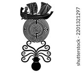 Octopus holding a round spiral maze or labyrinth symbol with ancient ship. Creative marine design. Black and white silhouette.