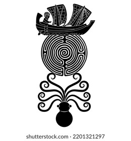 Octopus holding a round spiral maze or labyrinth symbol with ancient ship. Creative marine design. Black and white silhouette.