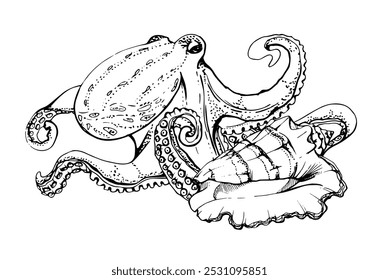 Octopus holding shell Marine life, sea ocean underwater creatures animal, Ink and pen sketch hand drawn. Composition illustration, stylized isolated on white. For zoo shop, aquarium, cosmetics, resort