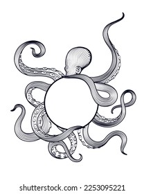 Octopus holding sphere with tentacles, hand drawn vector illustration in engraving technique isolated on white background