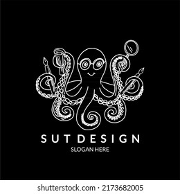 octopus holding stationery with its tentacles line art style cute fun illustration