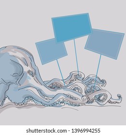 The octopus holds signs in tentacles