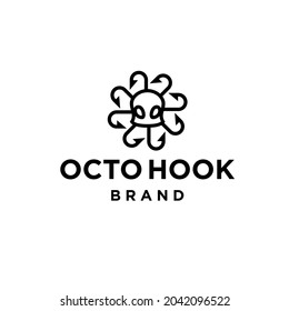 octopus with hook lines logo vector. creative octopus and fishing hook logo design modern fishing logo,seafood logo vector template mascot