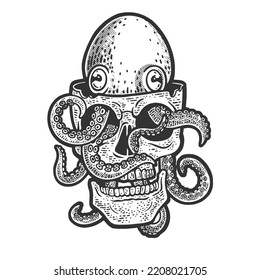 Octopus in human skull sketch engraving vector illustration. Scratch board imitation. Black and white hand drawn image.