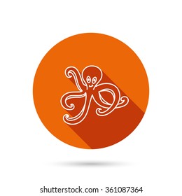 Octopus icon. Ocean devilfish sign. Round orange web button with shadow.