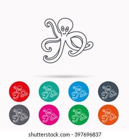 Octopus icon. Ocean devilfish sign. Linear icons in circles on white background.