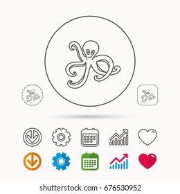 Octopus icon. Ocean devilfish sign. Calendar, Graph chart and Cogwheel signs. Download and Heart love linear web icons. Vector