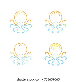 Octopus icon outline stroke set dash line design illustration orange yellow and blue color isolated on white background, vector eps10