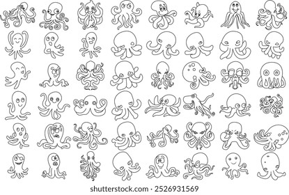 Octopus icon set for logo and T-Shirt design. Thin line art editable stroke.