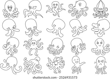 Octopus icon set for logo and T-Shirt design. Thin line art editable stroke.