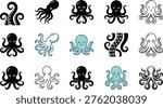 Octopus icon set vector cute cartoon sea animal tentacle mascot marine illustration flat design black white colorful collection pack