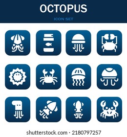 Octopus Icon Set. Vector  Illustrations Related With Squid, Fish Food And Jellyfish