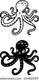 Octopus Icons. Black and White Vector Illustration. Mollusk, Octopus. Funny Octopus with Tentacles and Suckers.  For Coloring Book Design. Aquatic Animals Concept