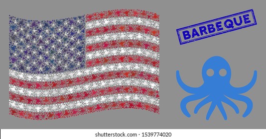 Octopus icons are combined into United States flag mosaic with blue rectangle corroded stamp watermark of Barbeque text. Vector concept of USA waving state flag is designed of octopus icons.
