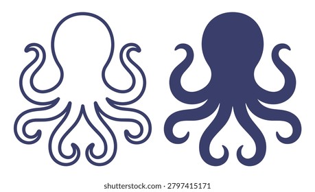 octopus icons illustration set, vector outline and solid style sea animal icon on transparent background