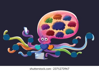 Octopus illustration, all colored vectors. Sea giant monster animal hand drawn in cartoon style with every tiny detail. Cartoon vector cute octopus with laptop.