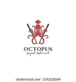 Octopus illustration with chopsticks icon logo