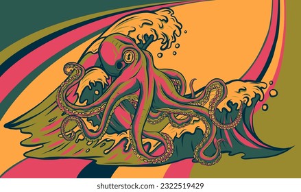 Octopus illustration. colored kraken with tentacles, vintage engraving vector sketch.