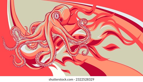 Octopus illustration. colored kraken with tentacles, vintage engraving vector sketch.