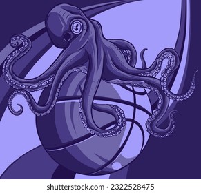 Octopus illustration. colored kraken with tentacles, vintage engraving vector sketch.