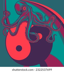 Octopus illustration. colored kraken with tentacles, vintage engraving vector sketch.