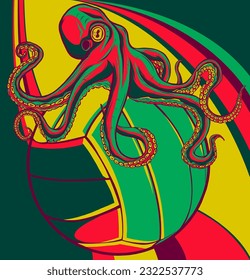Octopus illustration. colored kraken with tentacles, vintage engraving vector sketch.