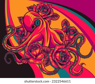 Octopus illustration. colored kraken with tentacles, vintage engraving vector sketch.