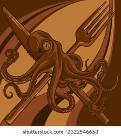 Octopus illustration. colored kraken with tentacles, vintage engraving vector sketch.