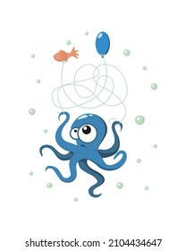 Octopus illustration comic for children, puzzle, labyrinth, fish and balloon. Vector illustration