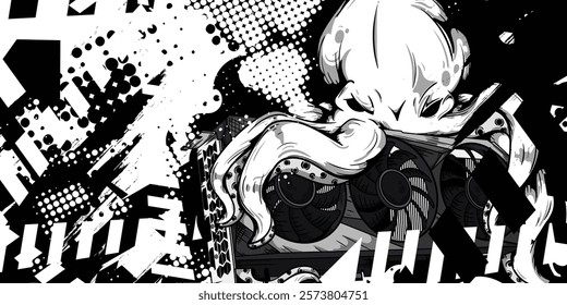 Octopus Illustration design with black and white abstract textured background, vector, halftone, eps 10, editable.