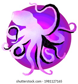 Octopus Illustration. Low poly Abstract Octopus isolated on white background. Pink Cartoon Octopus.