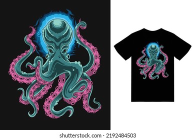 Octopus illustration with tshirt design premium vector The Concept of Isolated Technology. Flat Cartoon Style Suitable for Landing Web Pages, Banners, Flyers, Stickers, Cards