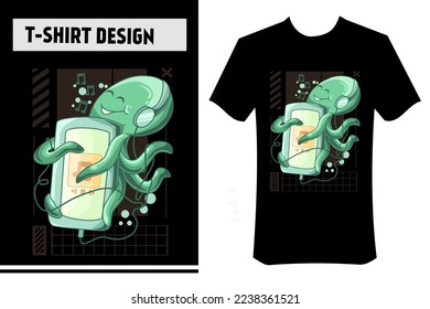 octopus illustration for t-shirt design, vector illustration. octopus is listening to music, underwater. suitable for printing on t-shirts, apparel, clothes, hoodies