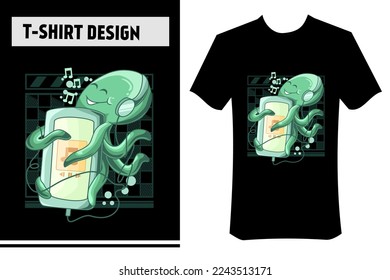 octopus illustration for t-shirt, vector design. octopus is listening to music, underwater, marine animal. perfect for t-shirts, clothing, apparel, posters, stickers.