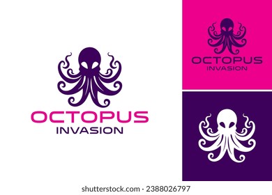 "Octopus Invasion" logo design, suitable for use in illustrations, posters, or website designs with themes of adventure, underwater world, or fantasy.