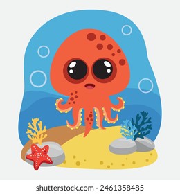 Octopus. Isolated octopus on a white background, sea bottom. Color illustration in the style of cartoon. Sea bottom with algae, shells and corals