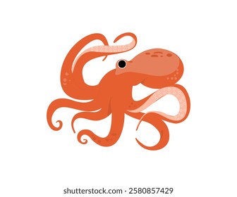 Octopus isolated on white background. Funny underwater orange animal with eight tentacles. Childish character. Colored flat cartoon vector illustration